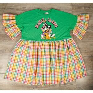 Disney Mickey & Friends Dress Womens XL Multicolor Gingham Bell Sleeve Graphic